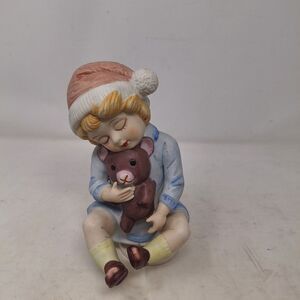 Vintage Girl Holding Teddy Bear Musical Porcelain Figurine Sleep Lullaby 80s